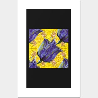 purple tulip on yellow with swirls and dots pattern Posters and Art